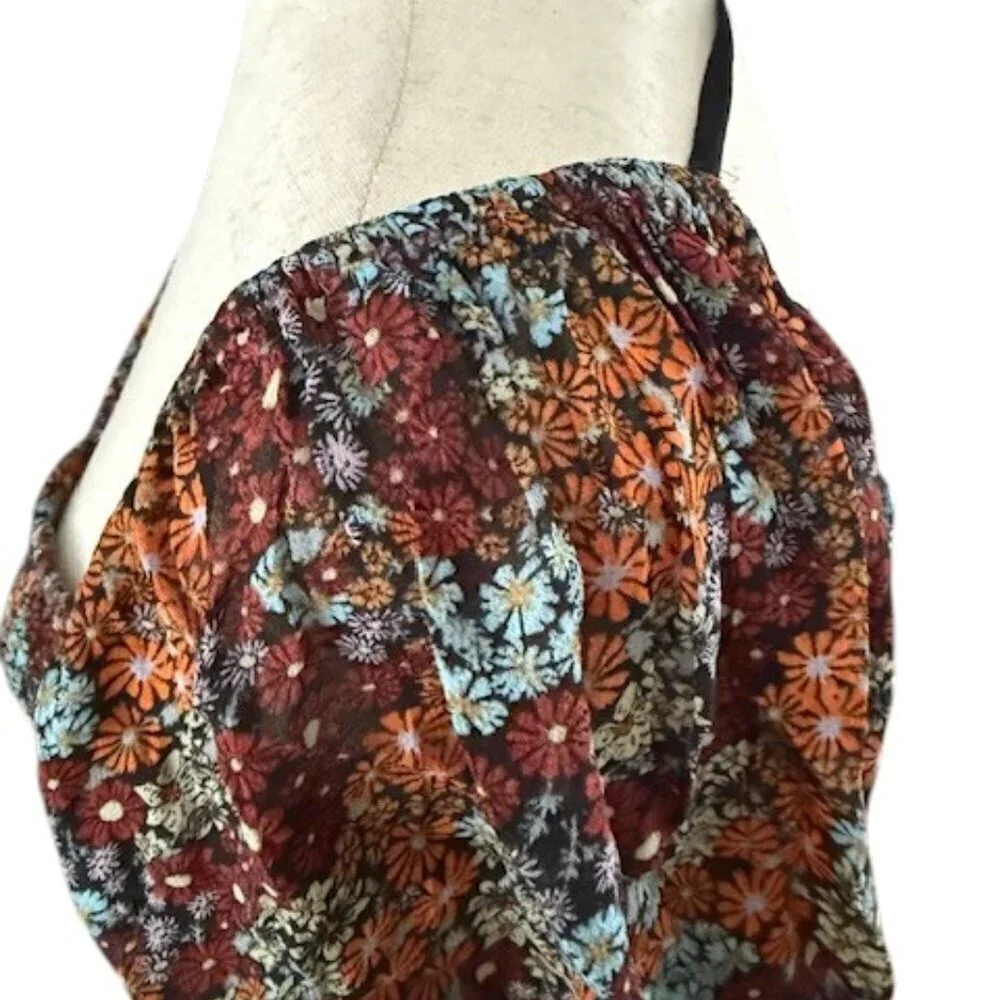 Free People Square Neck Smocked Puff Sleeve Floral Crop Top In Dark Combo Lr NWT